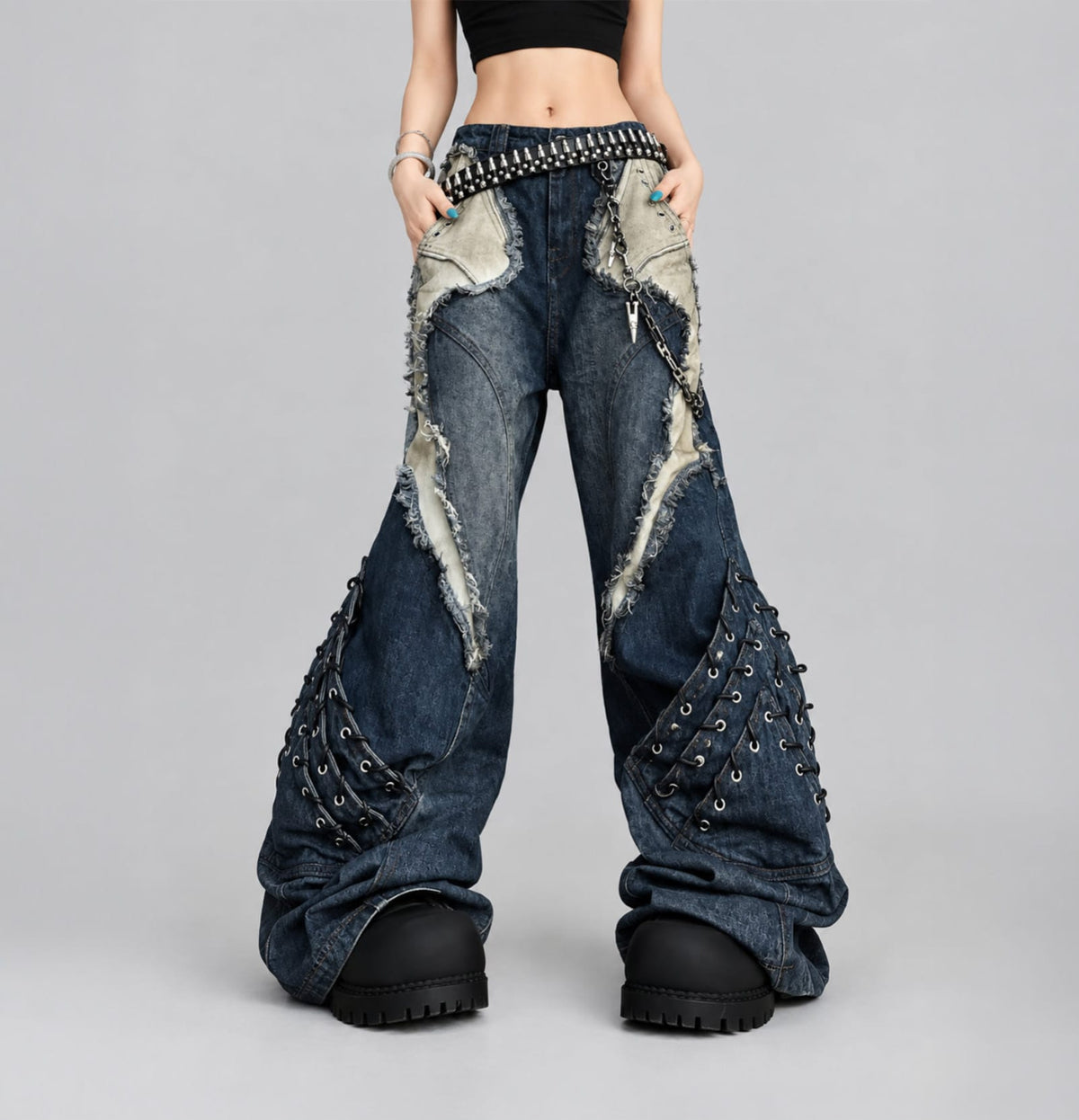 Blue / S Vintage Patchwork Distressed Jeans / Wide Leg Cargo Pants Women's