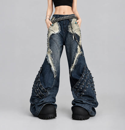 Blue / S Vintage Patchwork Distressed Jeans / Wide Leg Cargo Pants Women's