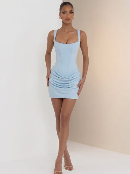 Blue Short Dress / S Square Low Neck Prom Dress/ Solid Pleated Sling Dress