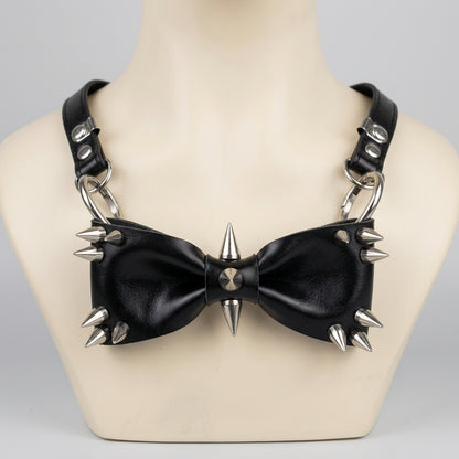 bow choker Women Personality Y2K punk Harajuku Cool Gothic Lolita Necklace Halloween PU rivet bow cosplay Party Chokers Choker Tie hairpin