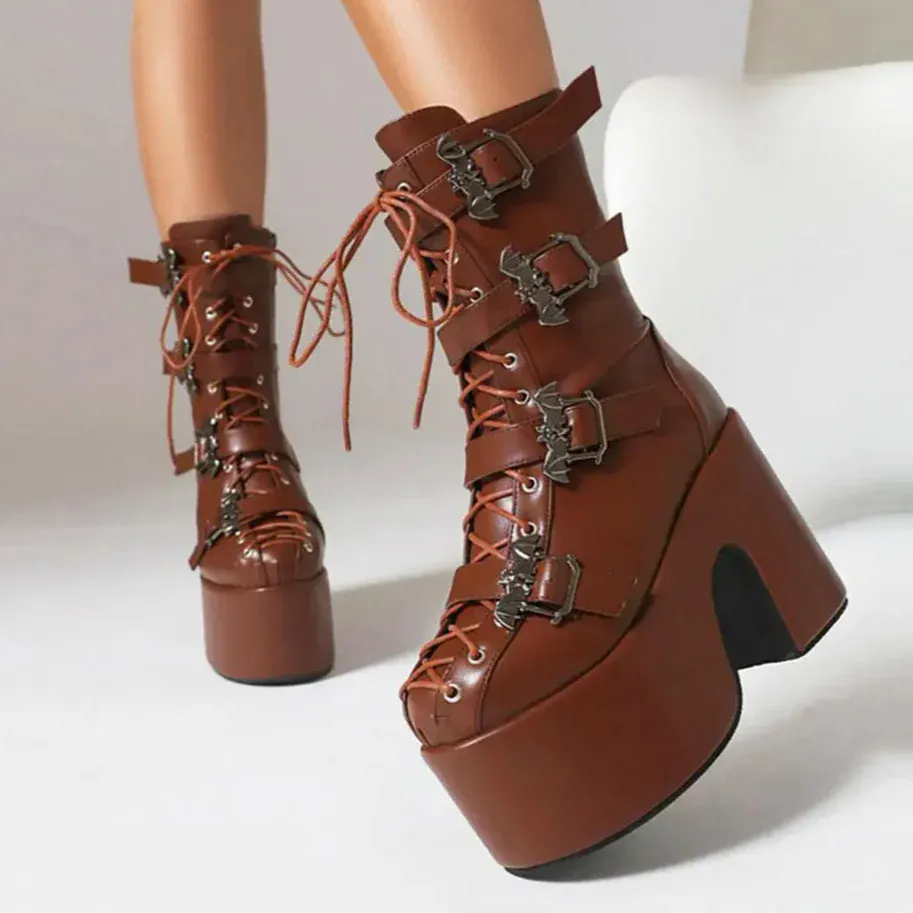 brown 2 / 6.5 Punk Goth Women Motorcycle Boots Block /High Heels Platform Shoes
