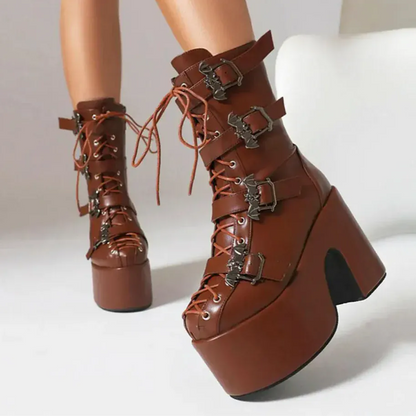 brown 2 / 6.5 Punk Goth Women Motorcycle Boots Block /High Heels Platform Shoes