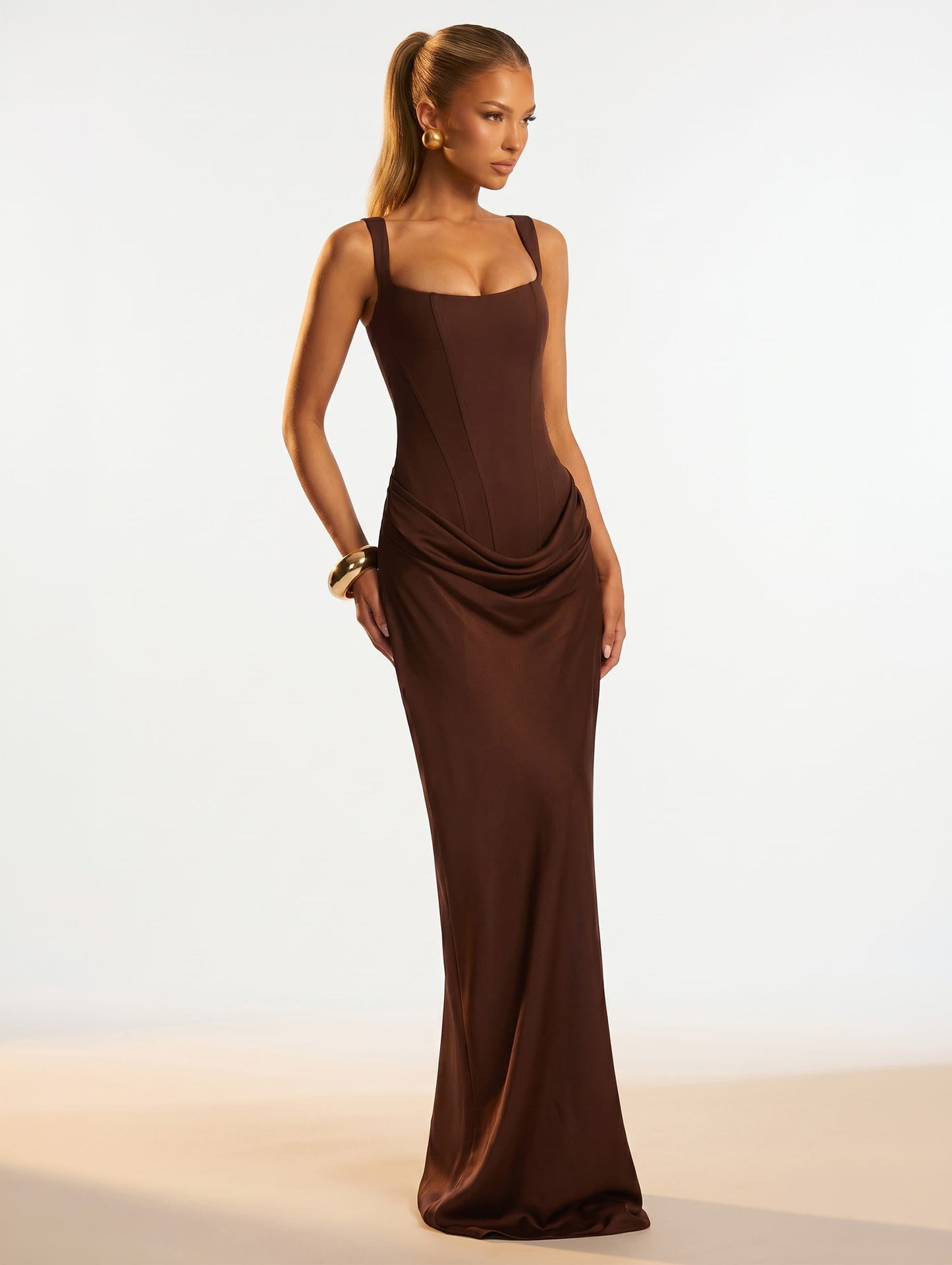 Brown Long Dress / S Square Low Neck Prom Dress/ Solid Pleated Sling Dress