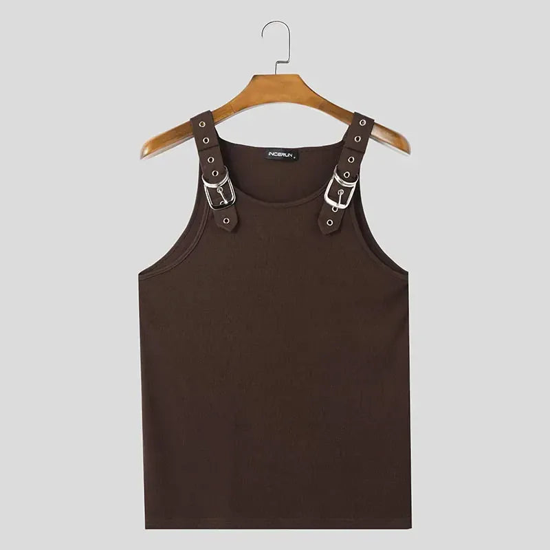Brown / S Buckle Belt Straps Ribbed Tank Top