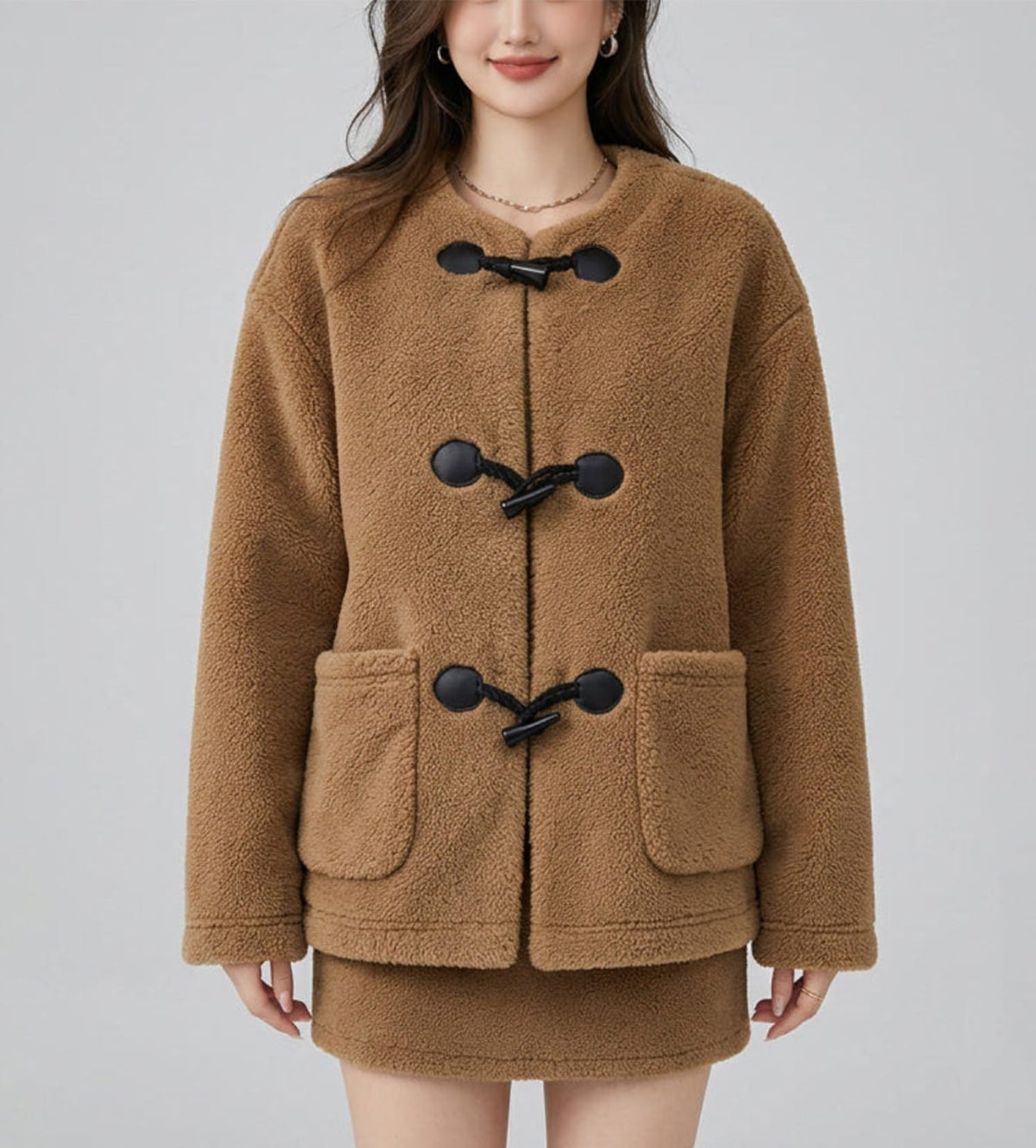 Brown / S Teddy Jacket / Round Collar Plush Fleece Short Coat