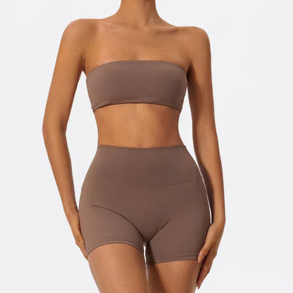 Brown / S Women's Two Piece Fitness Sports Set / Yoga Gym Outfit / Strapless Bra ( Victorious Nakama Power Bra)