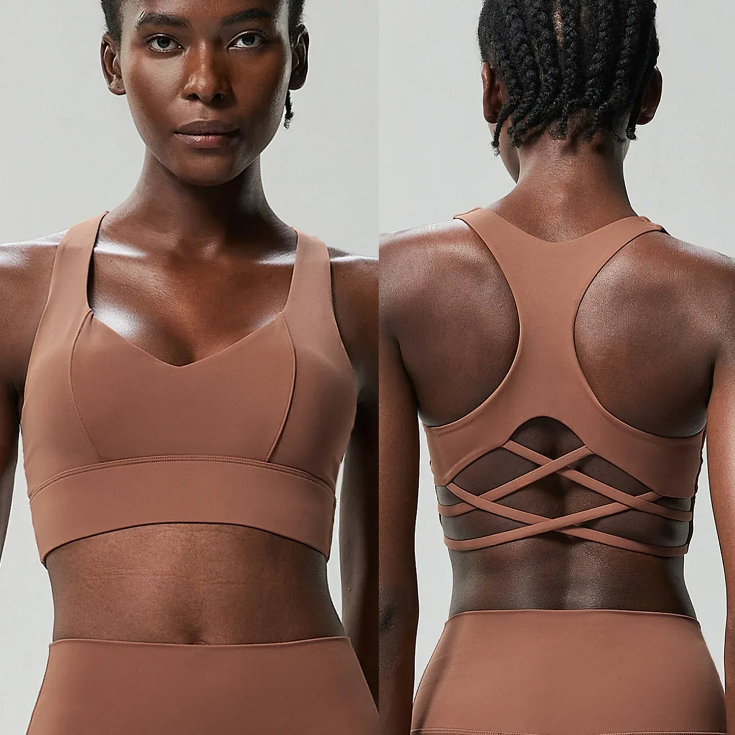 Brown / S Yoga Bra Buttery Soft Top/ High Impact Gym Bra (Victorious AthleCode)