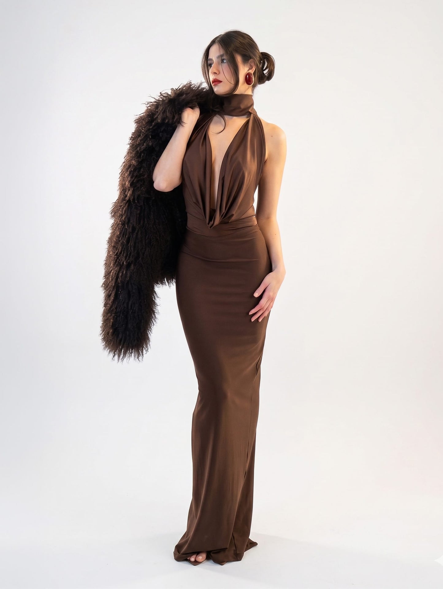 Brown / XS Halter V Neck Backless Prom Dress