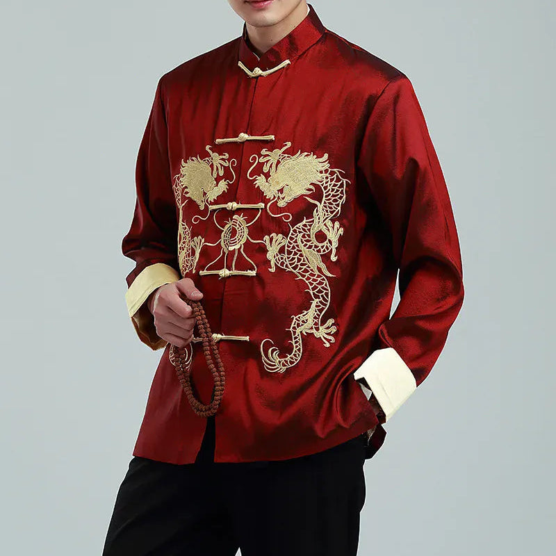 Burgundy / L Vintage-style Men's Long-sleeve Jacket with Gold Embroidered Chinese Dragon Design; Available in Black, Gray, Blue, and Red.