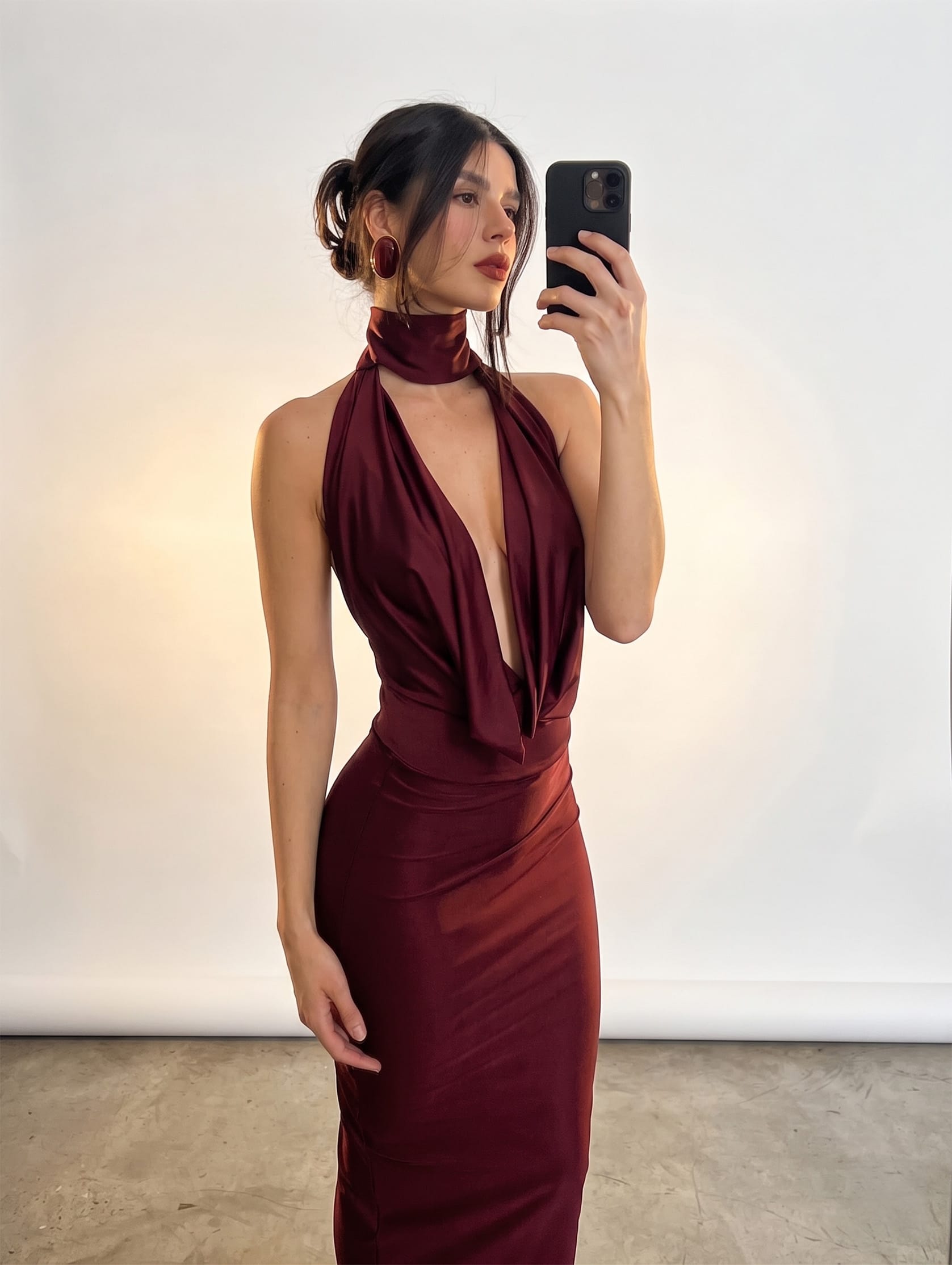 Burgundy / XS Halter V Neck Backless Prom Dress