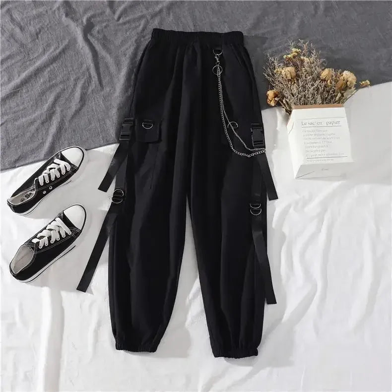cargo pants / M Casual Cargo Pants Suit for Women, Spring Streetwear High-Waist Straight Ribbon Pants with Short-Sleeved Shirt Two-piece Set