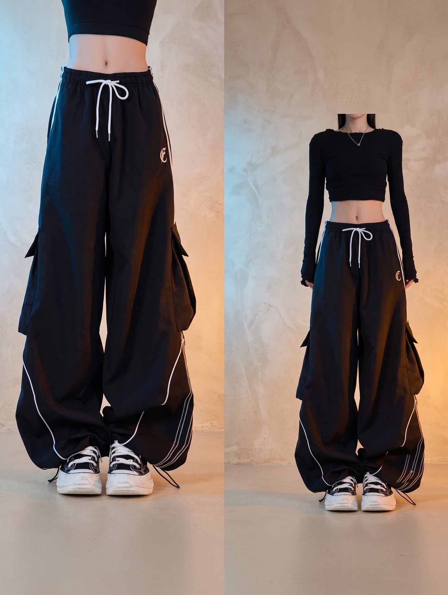 Cargo Trackside Black Pants / S Encore Ribbed V-Neck Combo W/ Wide-Leg Set