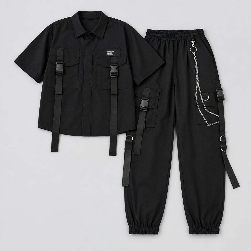 Casual Cargo Pants Suit for Women, Spring Streetwear High-Waist Straight Ribbon Pants with Short-Sleeved Shirt Two-piece Set