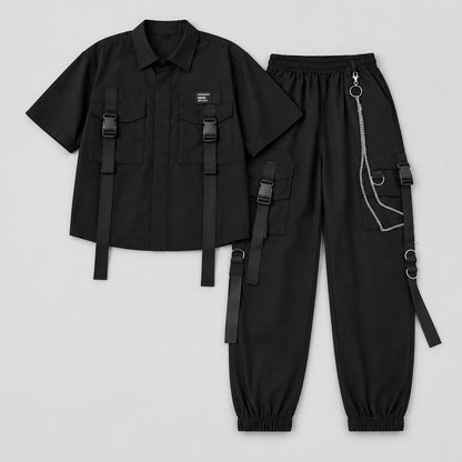 Casual Cargo Pants Suit for Women, Spring Streetwear High-Waist Straight Ribbon Pants with Short-Sleeved Shirt Two-piece Set