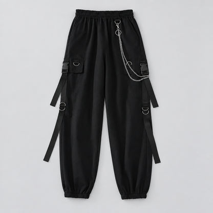 Casual Cargo Pants Suit for Women, Spring Streetwear High-Waist Straight Ribbon Pants with Short-Sleeved Shirt Two-piece Set