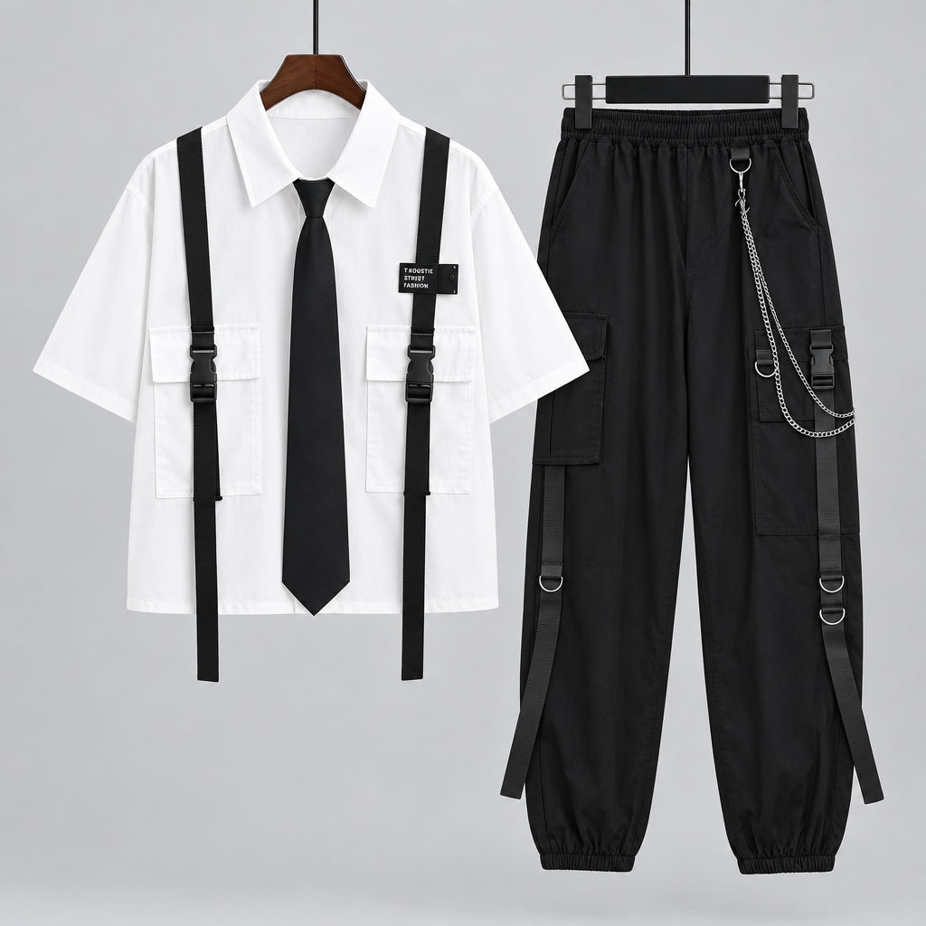 Casual Cargo Pants Suit for Women, Spring Streetwear High-Waist Straight Ribbon Pants with Short-Sleeved Shirt Two-piece Set