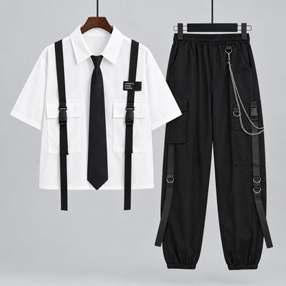 Casual Cargo Pants Suit for Women, Spring Streetwear High-Waist Straight Ribbon Pants with Short-Sleeved Shirt Two-piece Set