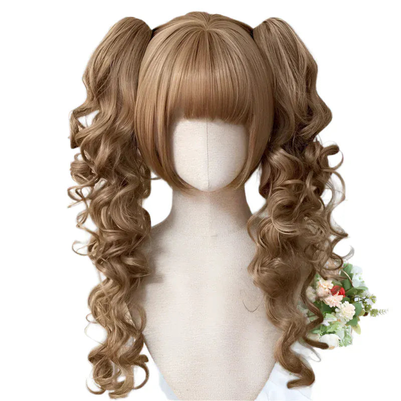 Cherry Brown Synthetic Princess Cut Double ponytail Lolita Wig with Bangs /Ombre Blonde brown White gray Cosplay/ Harajuku wig
