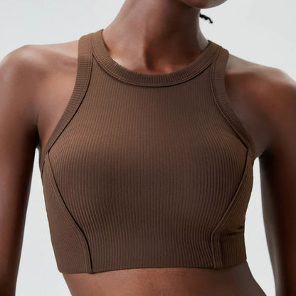 Coffee / S Victorious High Impact Fitness Yoga Bra /Gym Crop Top Ribbed Fabric
