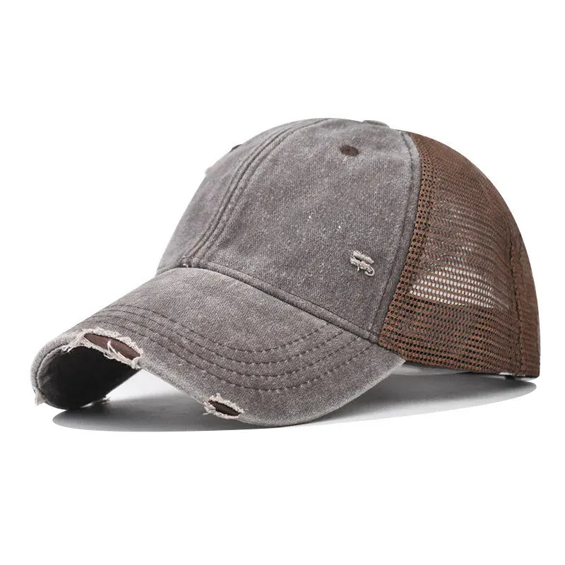 Coffee Washed Cotton Mesh Breathable Baseball Cap / Old Ripped Caps Men and Women