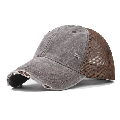 Coffee Washed Cotton Mesh Breathable Baseball Cap / Old Ripped Caps Men and Women