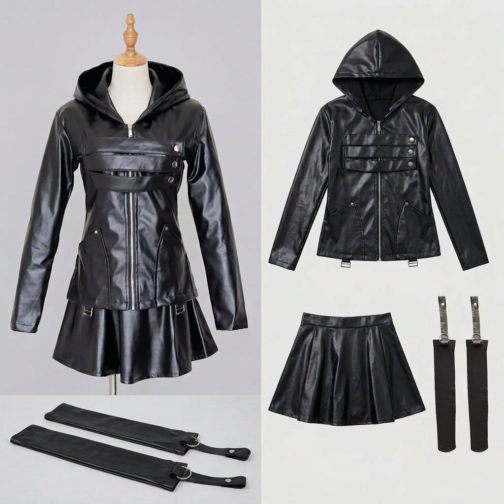 Costume / M Anime Tokyo Ghoul Touka Kirishima Cosplay Costume Full Set Uniform PU Leather Black Dress Hoodie Women Halloween Fighting Dress