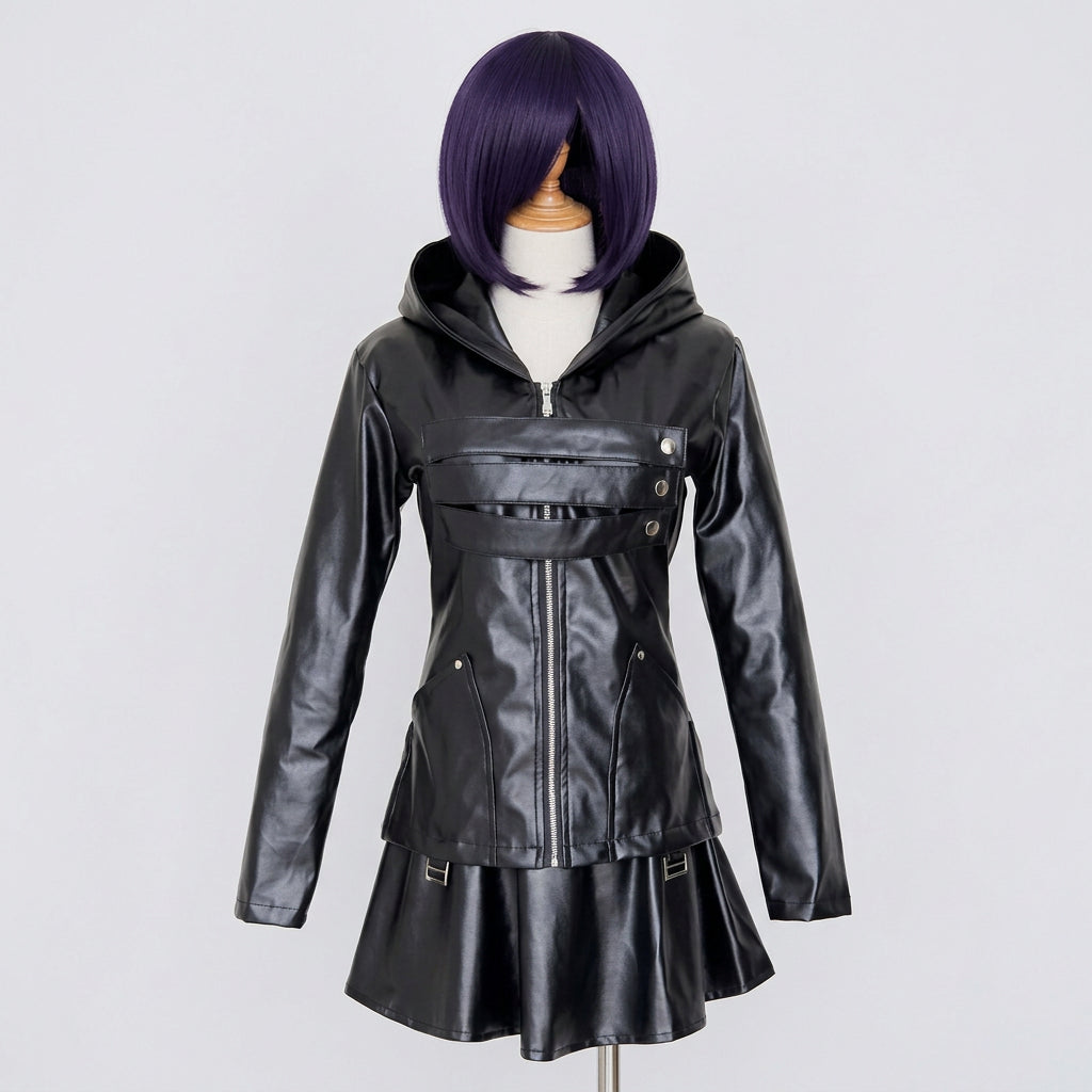 Costume Wig / S Anime Tokyo Ghoul Touka Kirishima Cosplay Costume Full Set Uniform PU Leather Black Dress Hoodie Women Halloween Fighting Dress