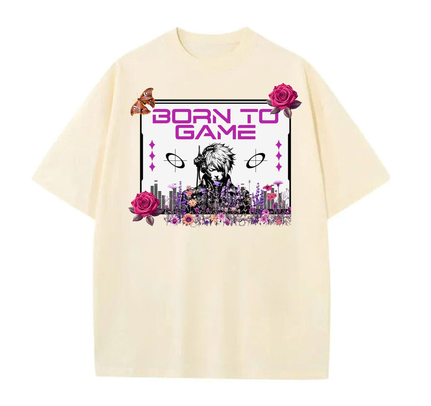 Cream / XS Anime Born to Game Oversize T-shirt (Ryomen_Vikuna Designed)
