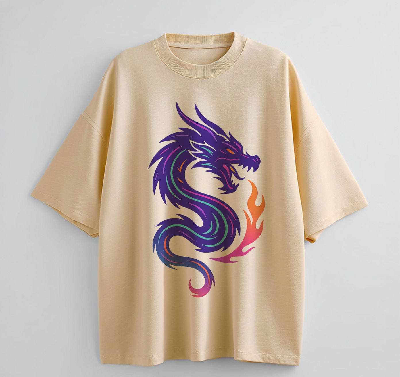 Cream / XS Dragon Symbol Anime Oversize T-Shirt