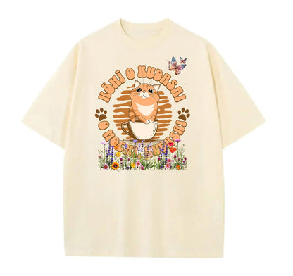 Cream / XS Kohi O Kudasai Japanese Cat Oversize T-shirt (Ryomen_Vikuna Designed)