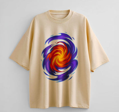 Cream / XS Swirling Energy Flames Anime Oversize T-Shirt