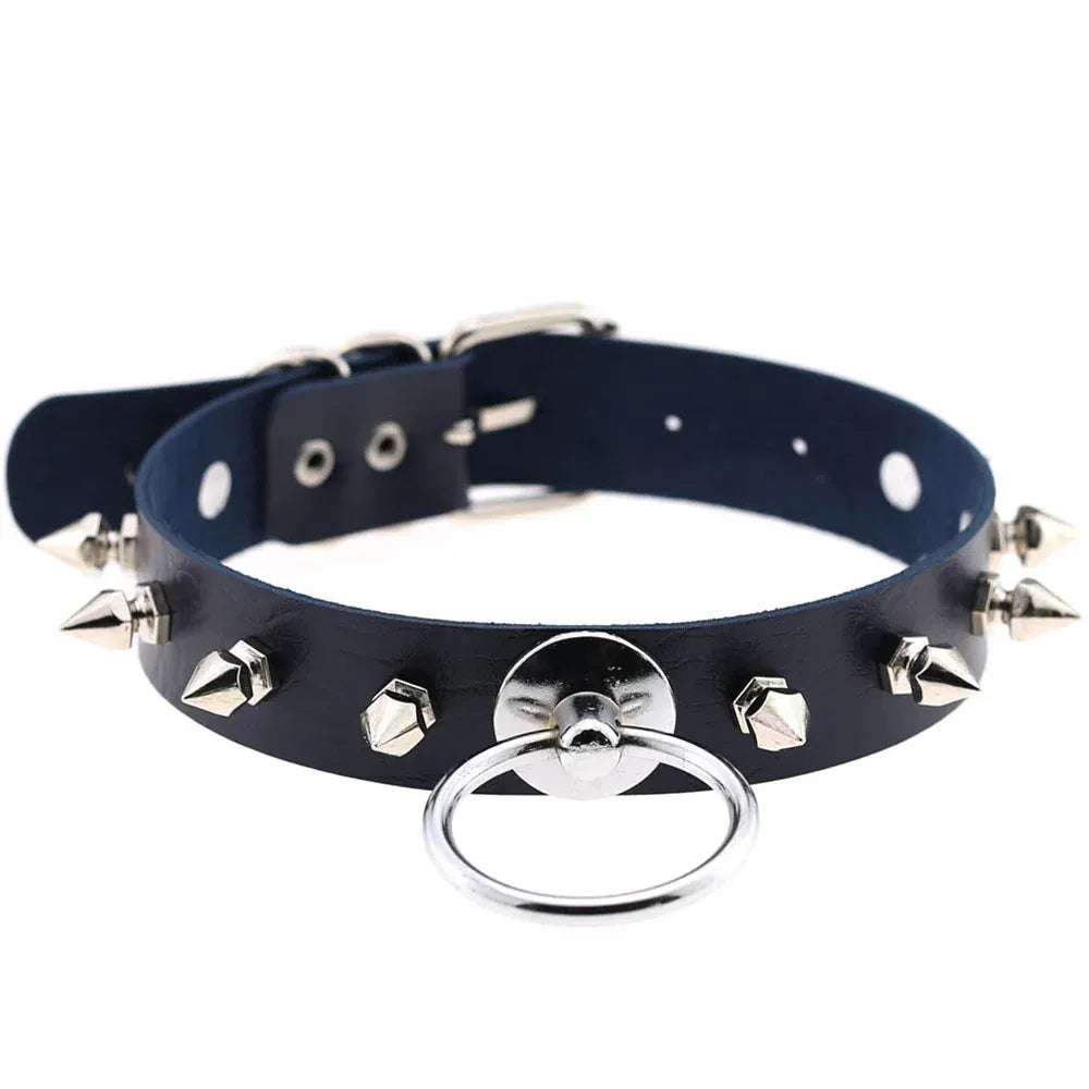 dark Blue Vintage Circle Circle Leather Collar Punk Rivet Spikes Choker Necklace For Women Rock Neck Strap Fashion Party Jewelry