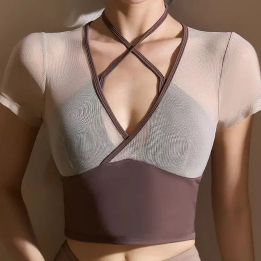 Dark brown / L Two Pieces Mesh Patchwork Short Sleeve (Victorious HyperDrive Tops)