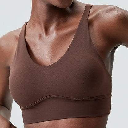 Dark brown / S Women's Buttery Soft V-Neckline Sports Bra / Gym Bra High Impact (Victorious TechWeave)
