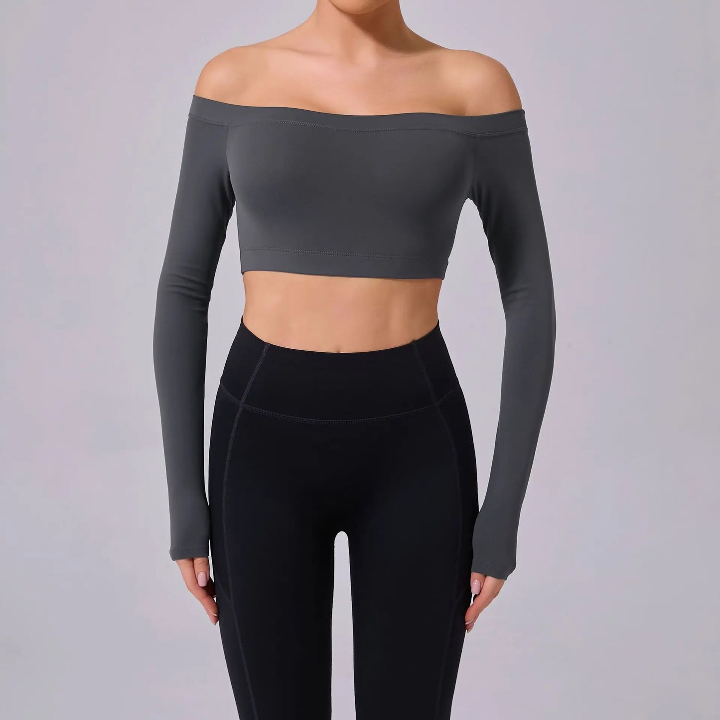 Dark Grey / M Fashion Long Sleeve Slash Neck Sports Top Women Crop Top for Fitness Yoga Wear Fashion Sports Short T-shirt Gym Workout Shirt