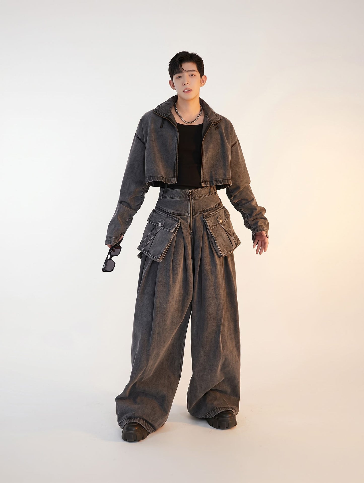 Dark Grey / S Korean Fashion Pleated Dimension Cargo Denim Set