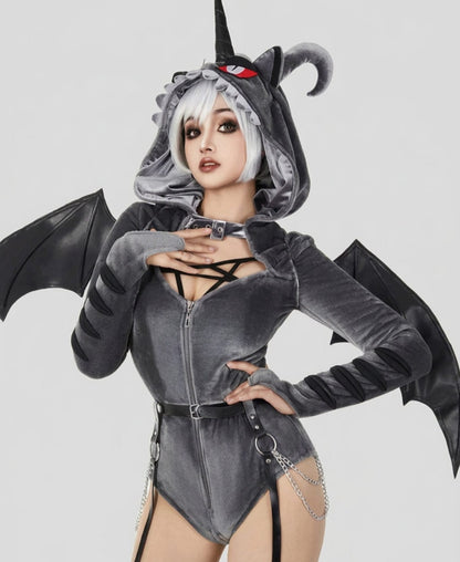 Dark Grey / S Rhydon Jumpwear Gothic Dark Style Bodysuit /Plush Hooded Detachable Wings
