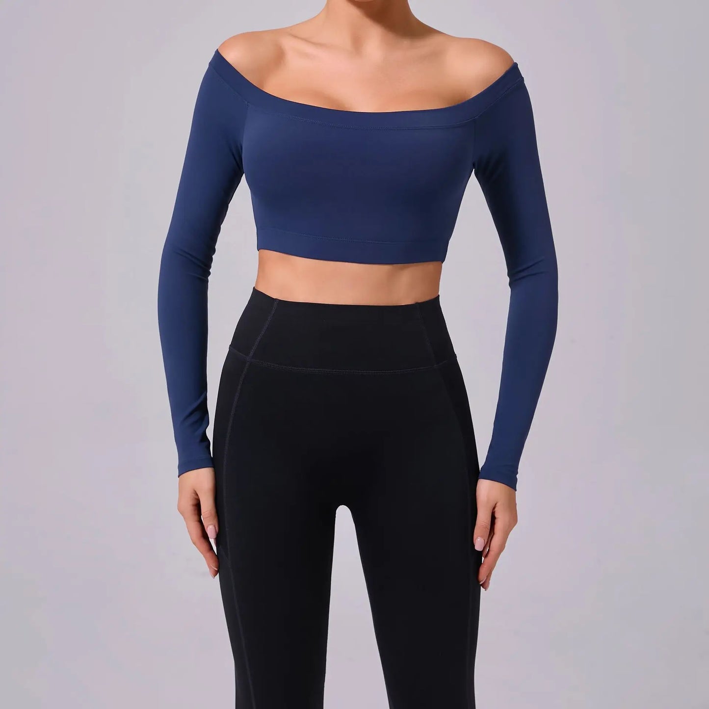 DEEP BLUE / M Fashion Long Sleeve Slash Neck Sports Top Women Crop Top for Fitness Yoga Wear Fashion Sports Short T-shirt Gym Workout Shirt