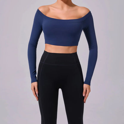 DEEP BLUE / M Fashion Long Sleeve Slash Neck Sports Top Women Crop Top for Fitness Yoga Wear Fashion Sports Short T-shirt Gym Workout Shirt