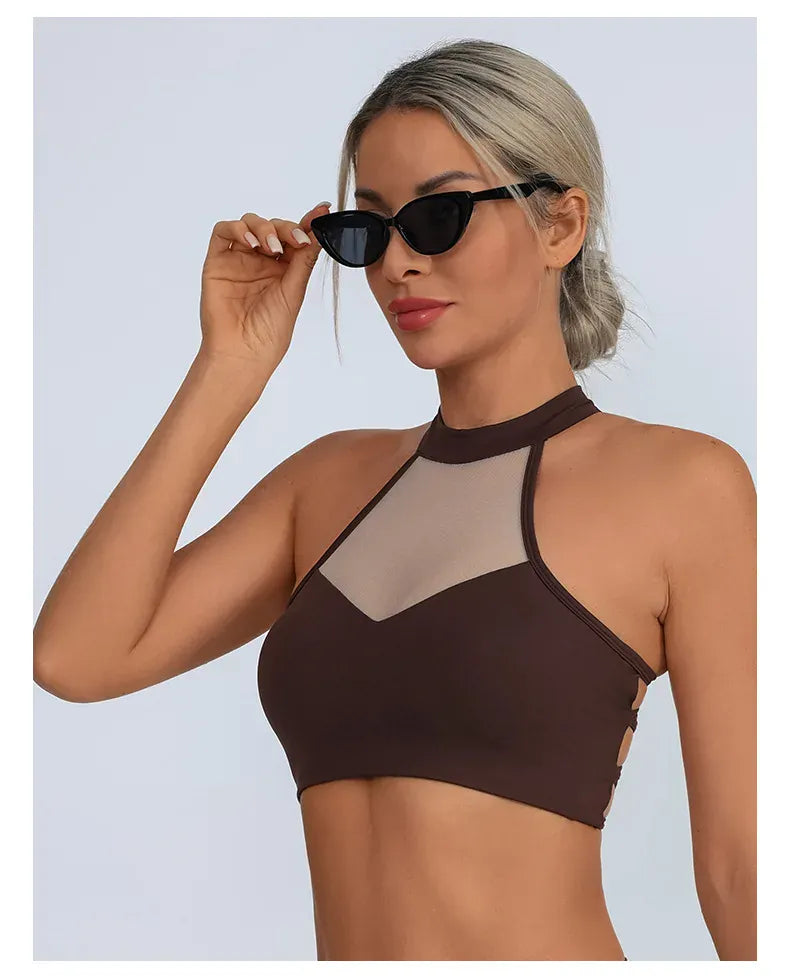 Deep Coffee / S Sheer Mesh Yoga Bra / Beauty Back Inner Wearing Hollow-out Workout Bra (Victorious Astro Nexus)