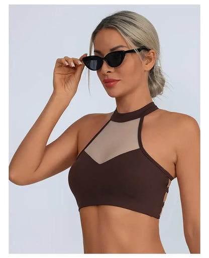 Deep Coffee / S Sheer Mesh Yoga Bra / Beauty Back Inner Wearing Hollow-out Workout Bra (Victorious Astro Nexus)