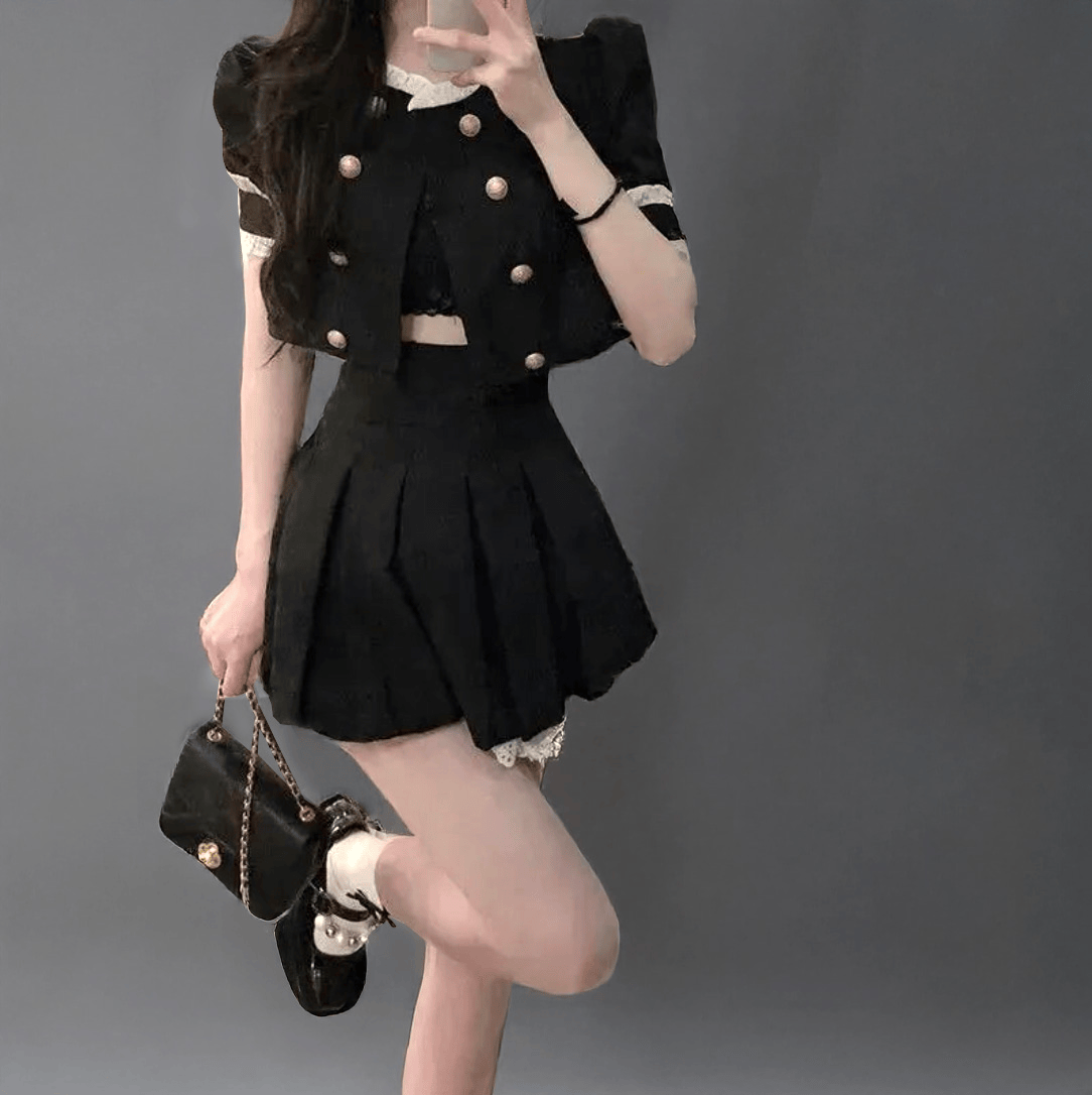 Double Layer Coat 2 Piece Set/ Pleated Skirt Kawaii Outfit