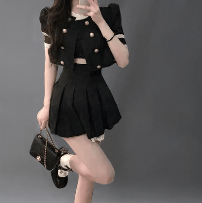 Double Layer Coat 2 Piece Set/ Pleated Skirt Kawaii Outfit