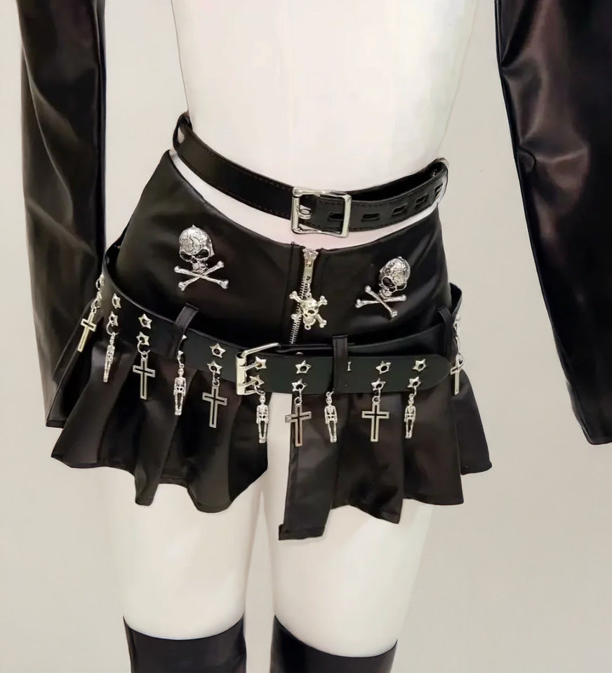 Gothic Leather Punk Crop Top and Skirt