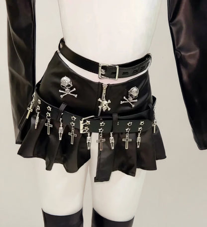 Gothic Leather Punk Crop Top and Skirt
