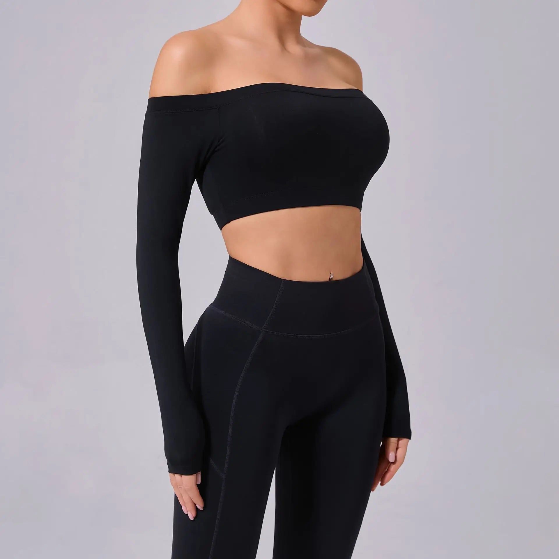 Fashion Long Sleeve Slash Neck Sports Top Women Crop Top for Fitness Yoga Wear Fashion Sports Short T-shirt Gym Workout Shirt