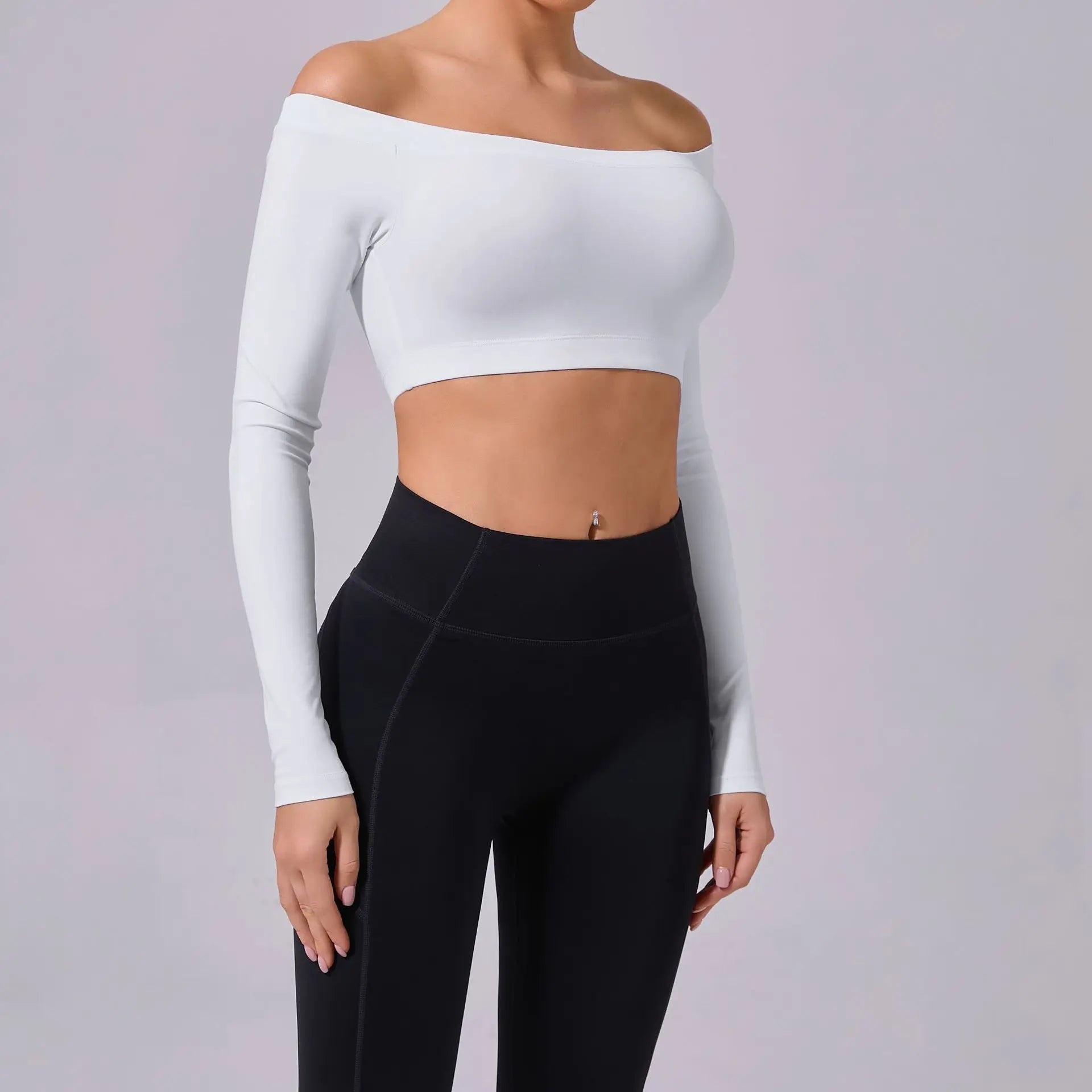 Fashion Long Sleeve Slash Neck Sports Top Women Crop Top for Fitness Yoga Wear Fashion Sports Short T-shirt Gym Workout Shirt