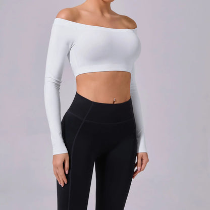 Fashion Long Sleeve Slash Neck Sports Top Women Crop Top for Fitness Yoga Wear Fashion Sports Short T-shirt Gym Workout Shirt