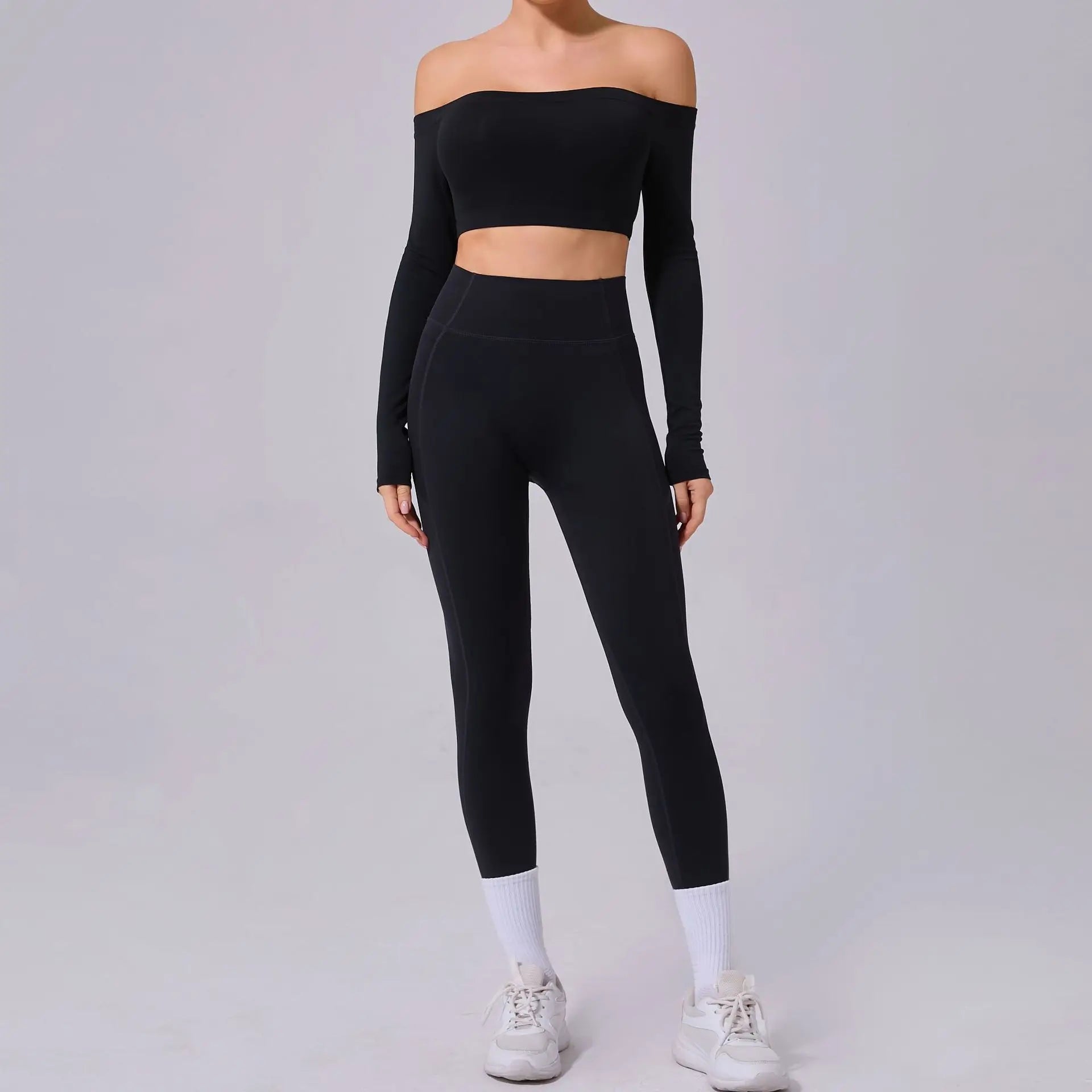 Fashion Long Sleeve Slash Neck Sports Top Women Crop Top for Fitness Yoga Wear Fashion Sports Short T-shirt Gym Workout Shirt