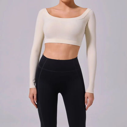 Fashion Long Sleeve Slash Neck Sports Top Women Crop Top for Fitness Yoga Wear Fashion Sports Short T-shirt Gym Workout Shirt